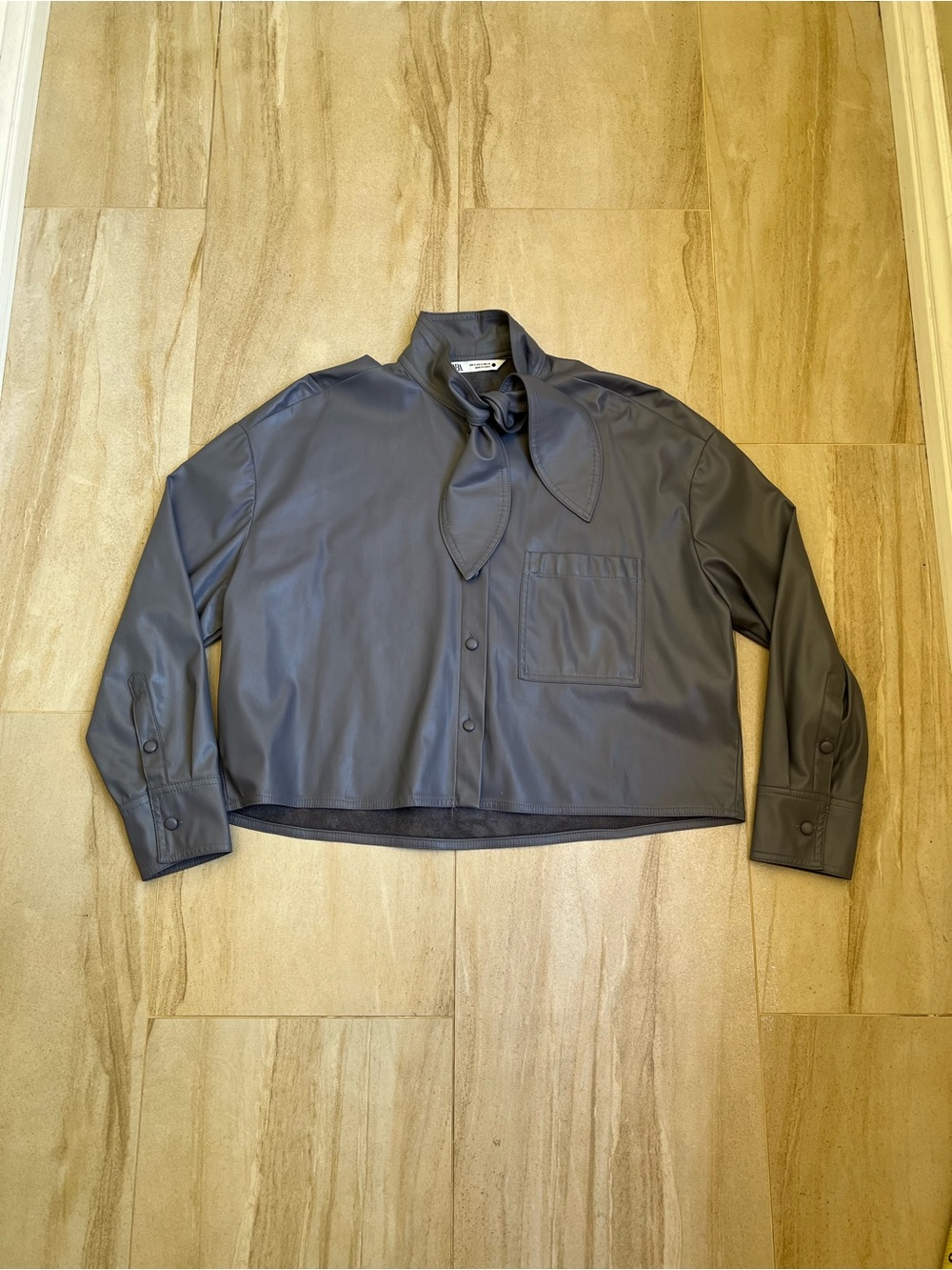 Zara Dark Oversized Lavender Faux Leather Tie-Neck Cropped Jacket